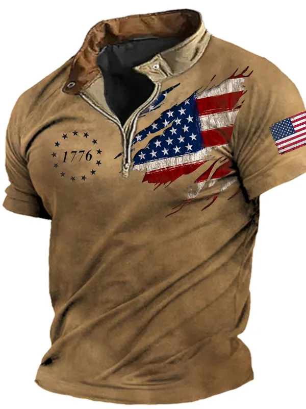 Men's American Flag Patriot 1776 Print Zipper Polo T-shirt - Menbarn.com 