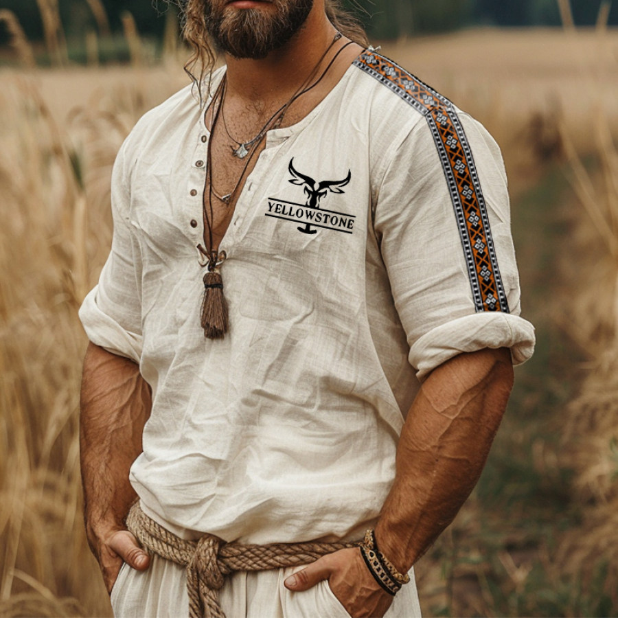 

Men's Clarkson's Farm Yellowstone Bohemia Print Linen Henley Shirt