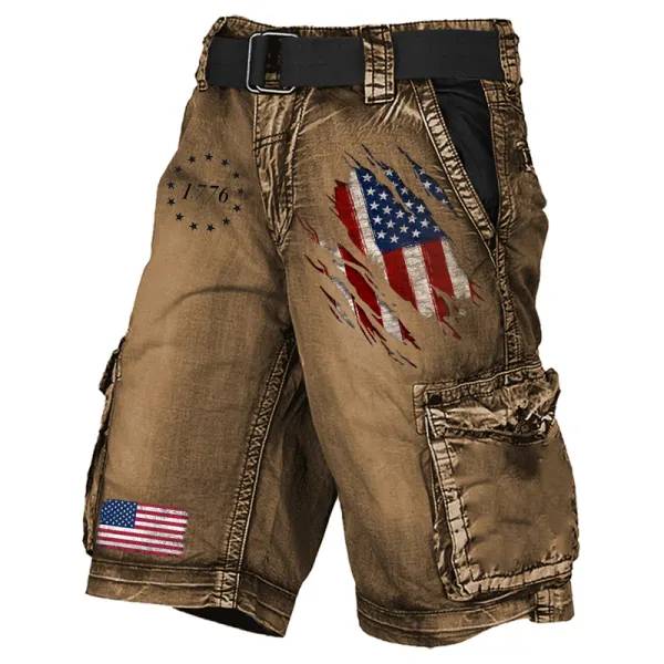 Men's Cargo Shorts American Flag Patriot 1776 Print Vintage Distressed Utility Outdoor Shorts - Cotosen.com