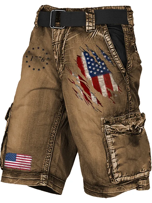 Men's Cargo Shorts American Flag Patriot 1776 Print Vintage Distressed Utility Outdoor Shorts - Menwyx.com 