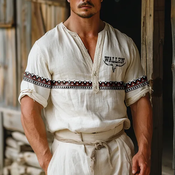 Men's Clarkson's Farm Yellowstone Bohemia Print Linen Lace Edge Splicing Henley Short Sleeved Shirt - Wayrates.com 