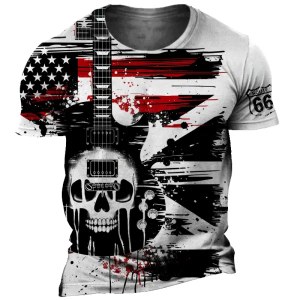 Men's American Flag Skull Guitar Route 66 Rock Punk Road Trip Print T-Shirt Only $19.99 - Cotosen.com 