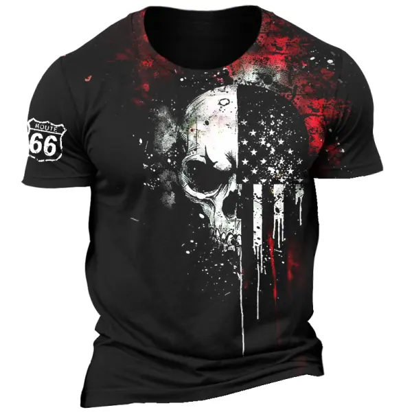 Men's American Flag Skull Route 66 Rock Punk Road Trip Print T-Shirt Only $19.99 - Cotosen.com 