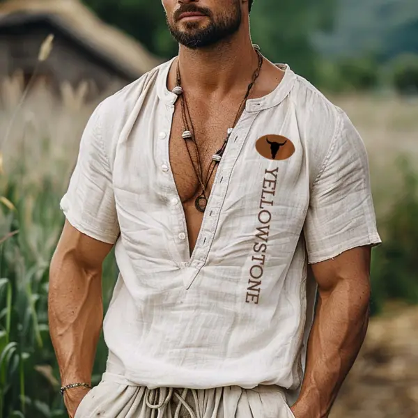 Men's Farm Yellowstone Print Cotton And Linen Henley V-Neck Short-Sleeve Shirt - Cotosen.com