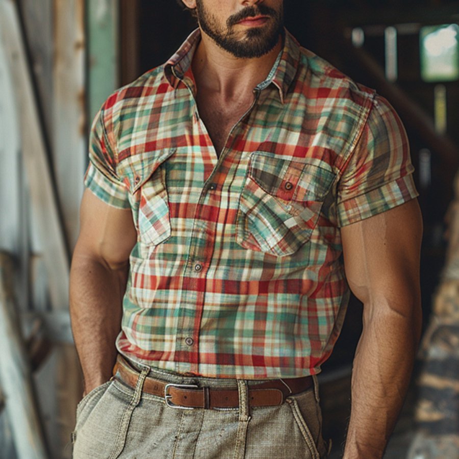 

Men's Farm Western Cowboy Print Cotton And Linen Pocket Stand Collar Half Sleeve Lapel Shirt