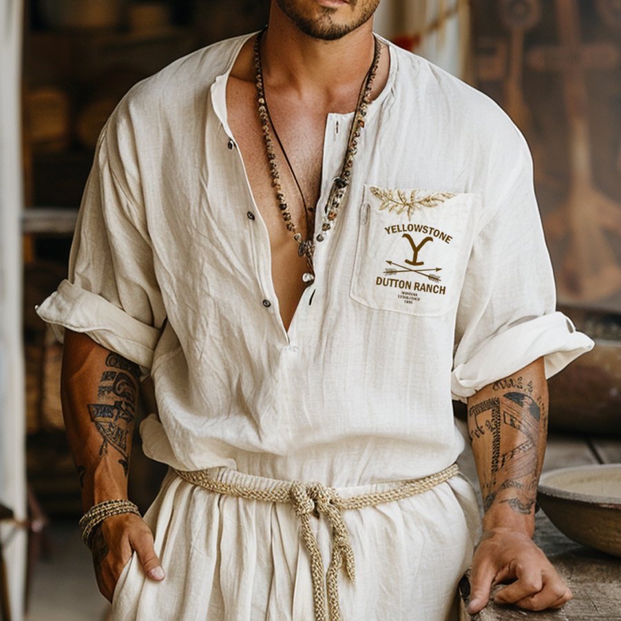 

Men's Yellowstone Print Cotton And Linen Farm Short-Sleeve Henley Neck T-Shirt