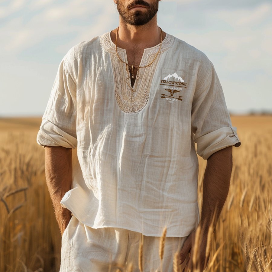 

Men's Yellowstone Print Cotton And Linen Farm Short-Sleeve V Neck Shirt