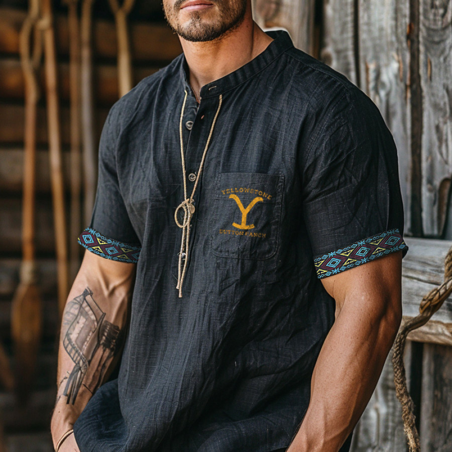 

Men's Native American Diamond Southwest Design Yellowstone Cotton And Linen Short Sleeved Shirt