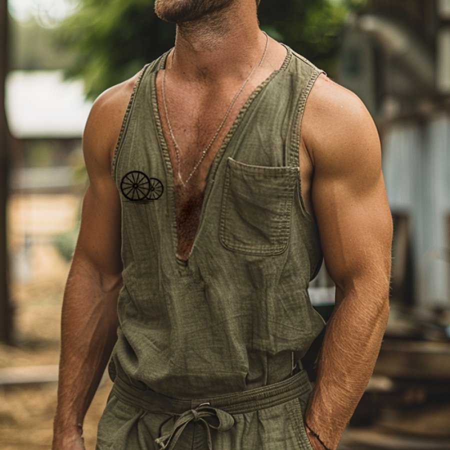 

Men's Henley Collar Pocket Sleeveless Linen Farm Casual T-Shirt Tank Top