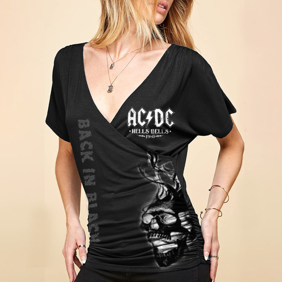 

Women's ACDC Skull Rock Band Music Print V Neck Short Sleeve Wrap Front Drape Dolman Tunic Short Sleeve Top