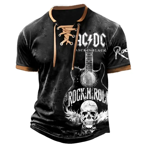 Men's T-Shirt ACDC Rock Band Guitar Skull Vintage Lace-Up Short Sleeve Color Block Summer Daily Tops - Cotosen.com