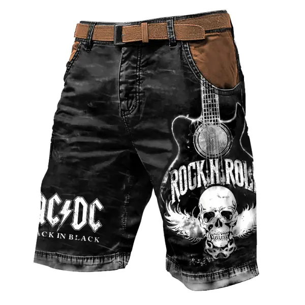 Men's Rock Band Guitar Skull Print Outdoor Color Block Vintage Pockets Cargo Shorts - Anurvogel.com 