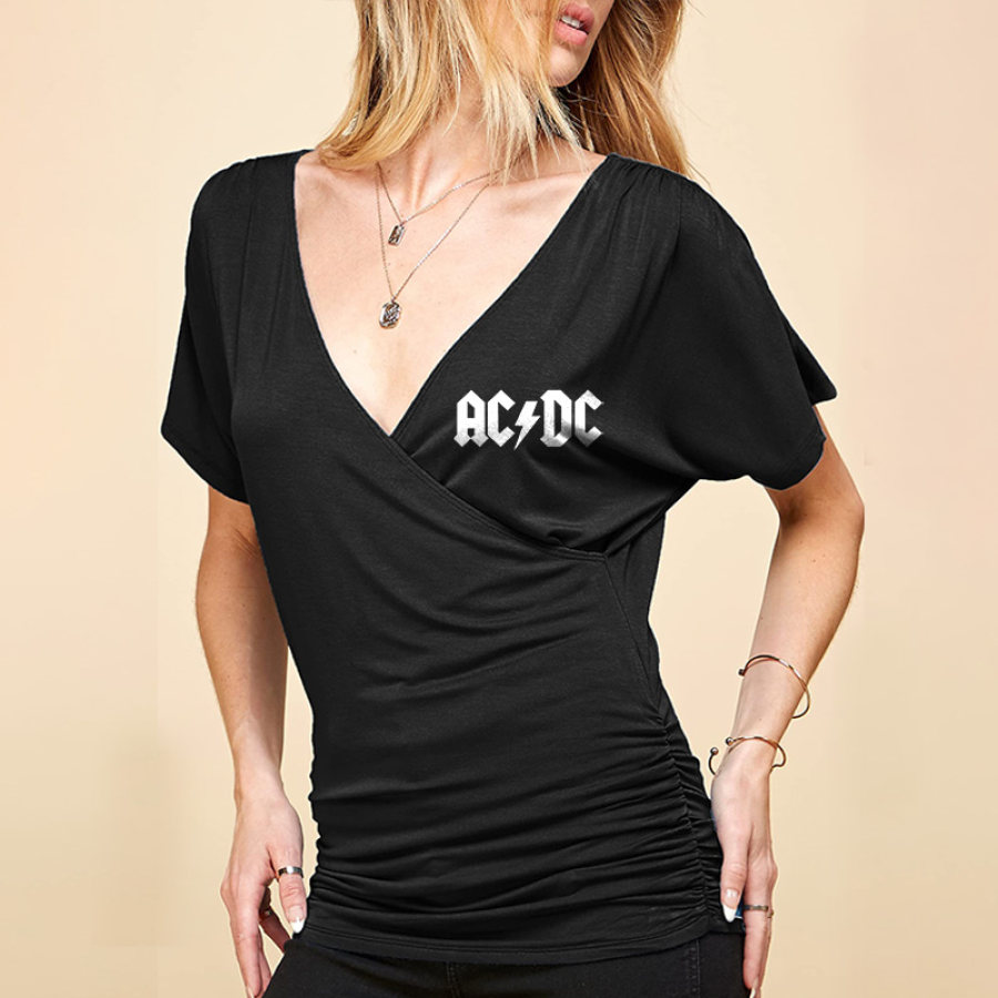 

Women's ACDC Rock Music Print V Neck Short Sleeve Wrap Front Drape Dolman Tunic Short Sleeve Top