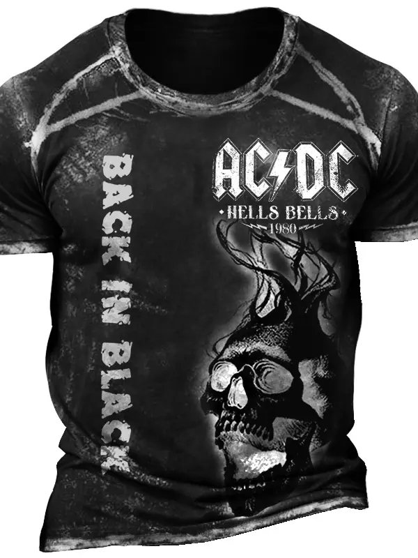 Men's Vintage ACDC Rock Band Skull Print Short Sleeve Round Neck T-Shirt - Menwyx.com 