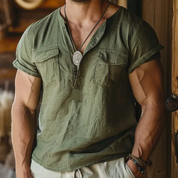 Men's Vintage Linen Farms Short Sleeve Pocket Henley Neck T-Shirt - Cotosen.com