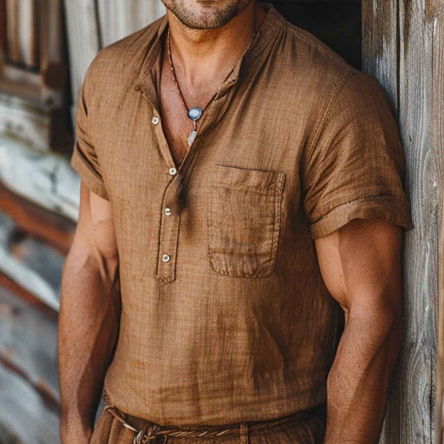 

Men's Vintage Pocket Linen Farms Short Sleeve Henley Neck T-Shirt