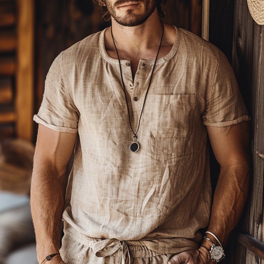 

Men's Vintage Linen Farms Short Sleeve Pocket Henley Neck T-Shirt