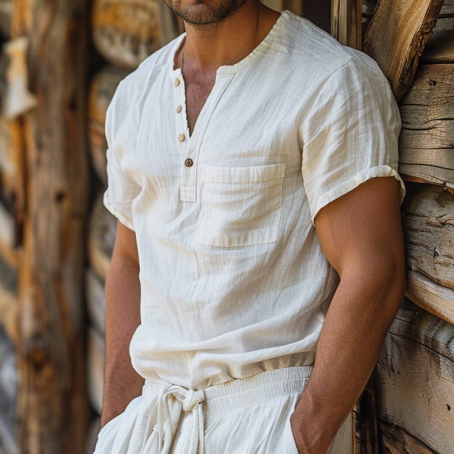 

Men's Vintage Pocket Linen Farms Short Sleeve Henley Neck Tops T-Shirt