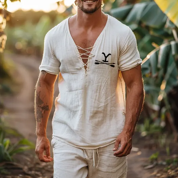 Men's Vintage Linen Yellowstone Farms Short Sleeve Lace Up Tops T Shirt - Wayrates.com 