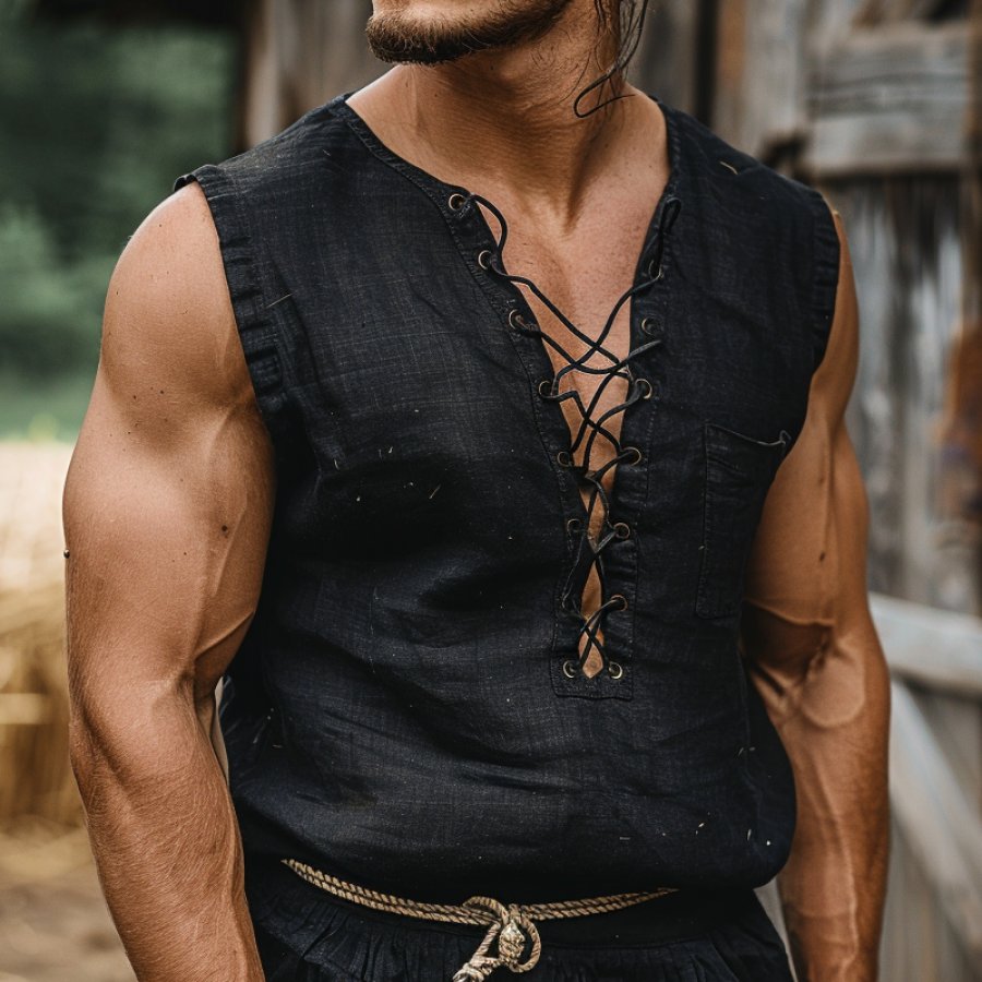 

Men's Vintage Linen Farms Lace UP T-Shirt Tops Tank Top