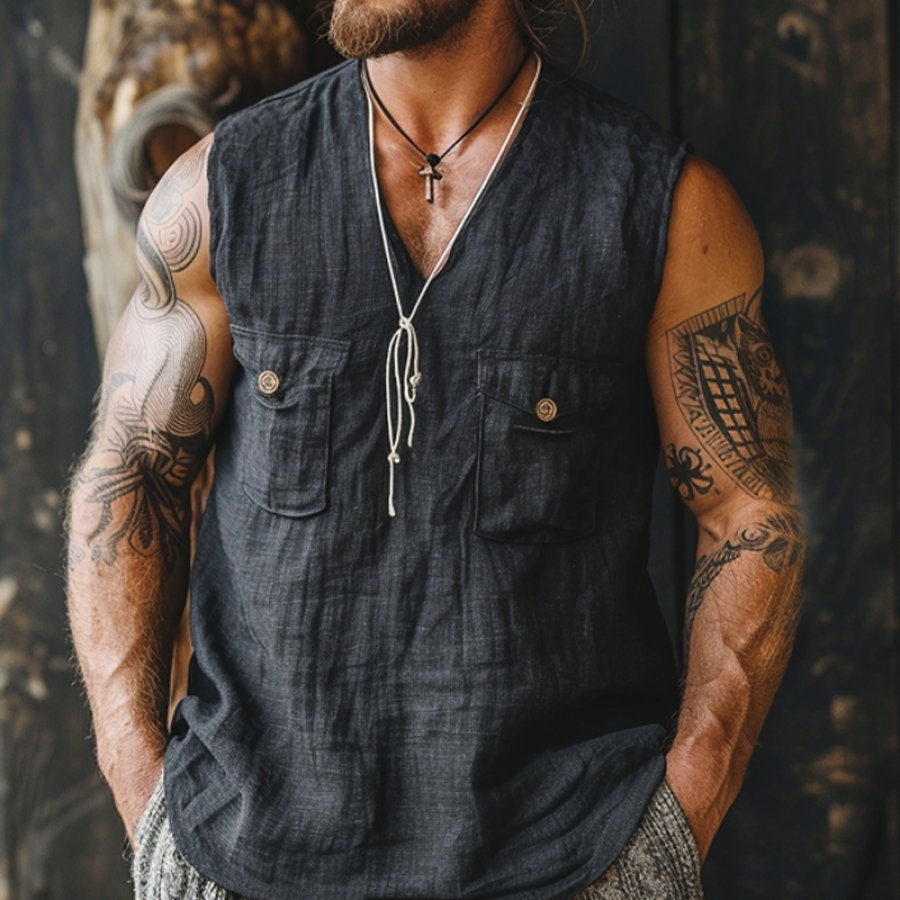 

Men's Vintage Linen Farms V Neck Pocket T-Shirt Tops Tank Top