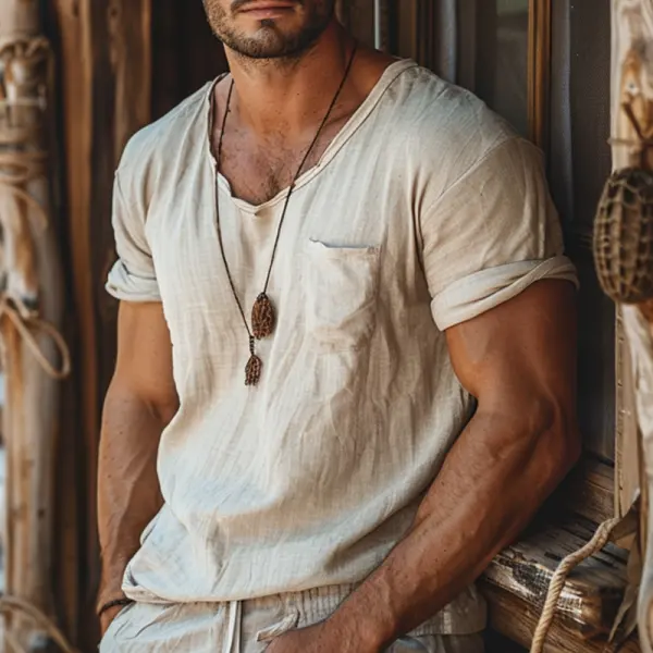 Men's Vintage Linen Farms Short Sleeve Pocket Crew Neck T-Shirt - Cotosen.com
