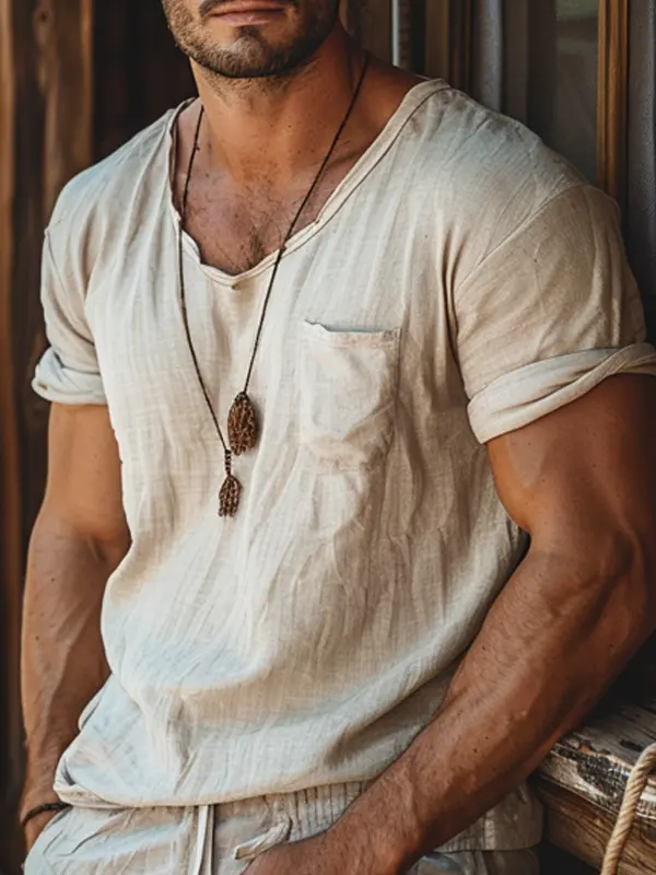 Men's Vintage Linen Farms Short Sleeve Pocket Crew Neck T-Shirt - Simplyion.com 