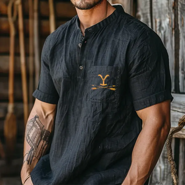 Men's Vintage Yellowstone Linen Farms Short Sleeve Pocket Henley Neck T-Shirt - Cotosen.com