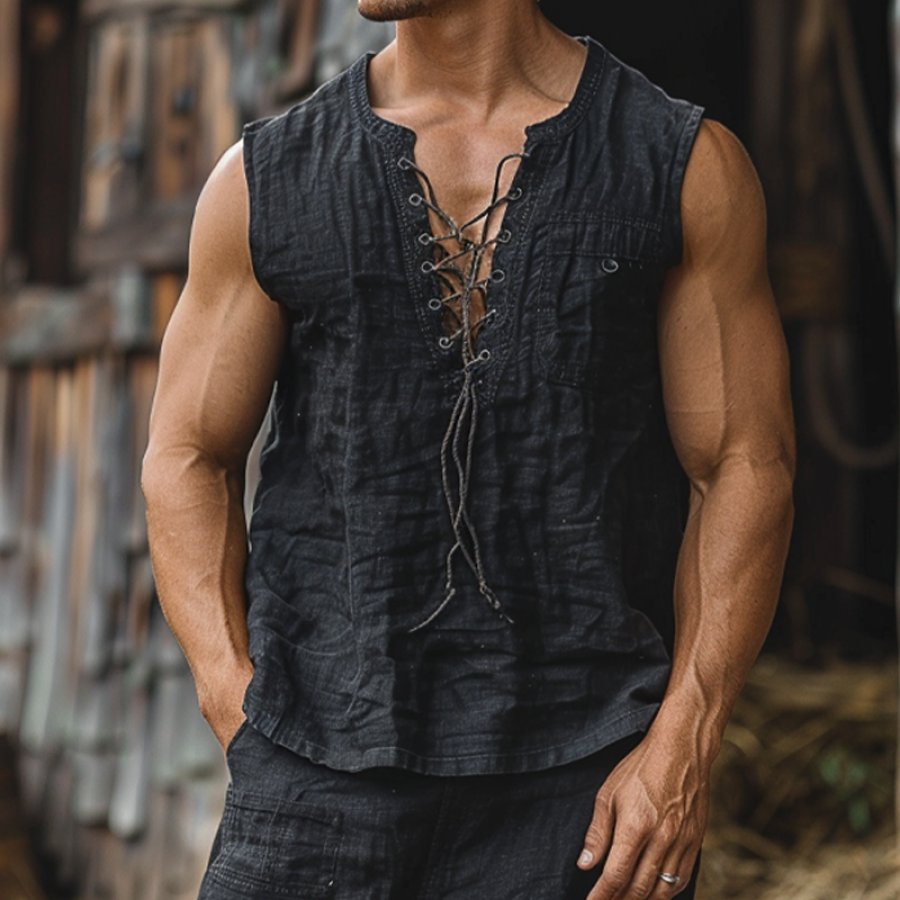 

Men's Vintage Linen Farms Lace UP Pocket T-Shirt Tops Tank Top