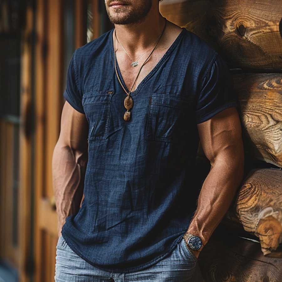 

Men's Vintage Linen Farms Short Sleeve V Neck Pocket T-Shirt