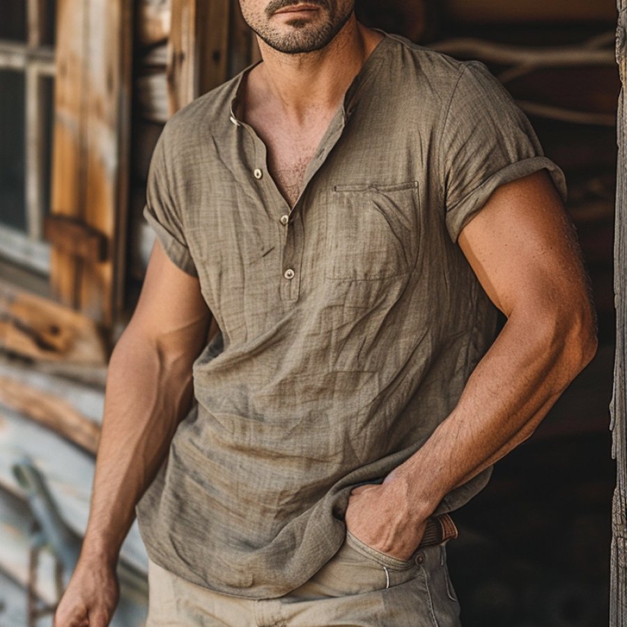 

Men's Vintage Pocker Linen Farms Short Sleeve Henley Neck T-Shirt