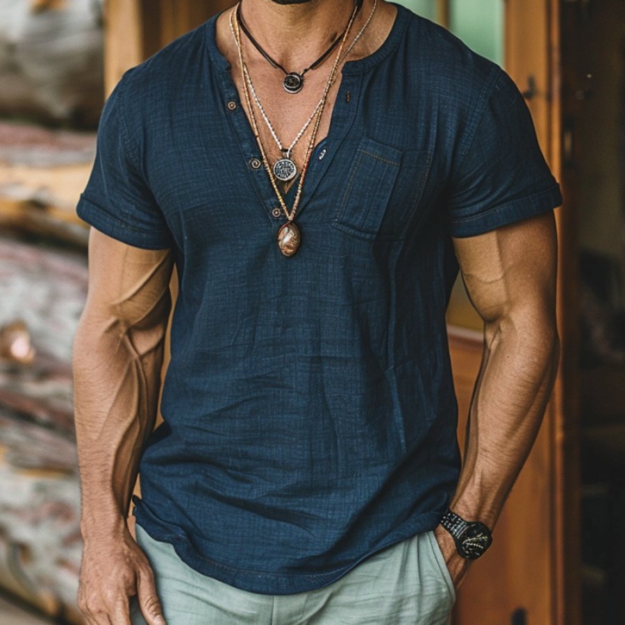 

Men's Vintage Linen Farms Short Sleeve Henley Neck Pocket T-Shirt