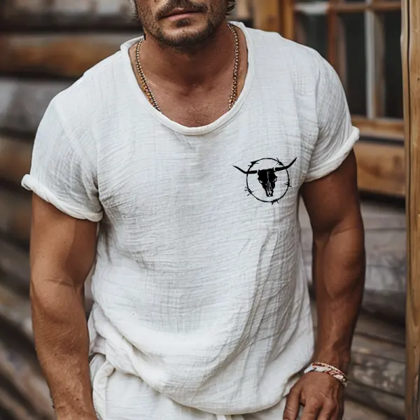 Men's Vintage Linen Farms Short Sleeve Crew Neck Tops T-Shirt - Wayrates.com 