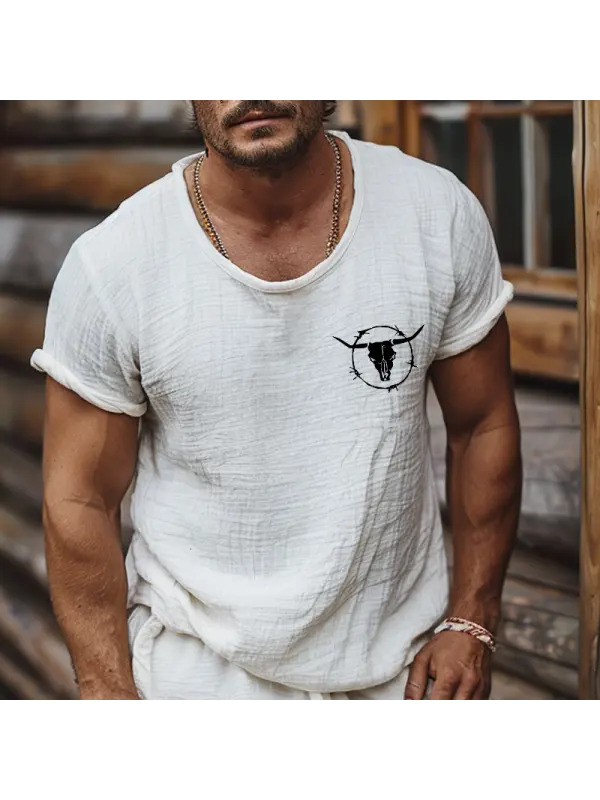 Men's Vintage Linen Farms Short Sleeve Crew Neck Tops T-Shirt - Ininrubyclub.com 