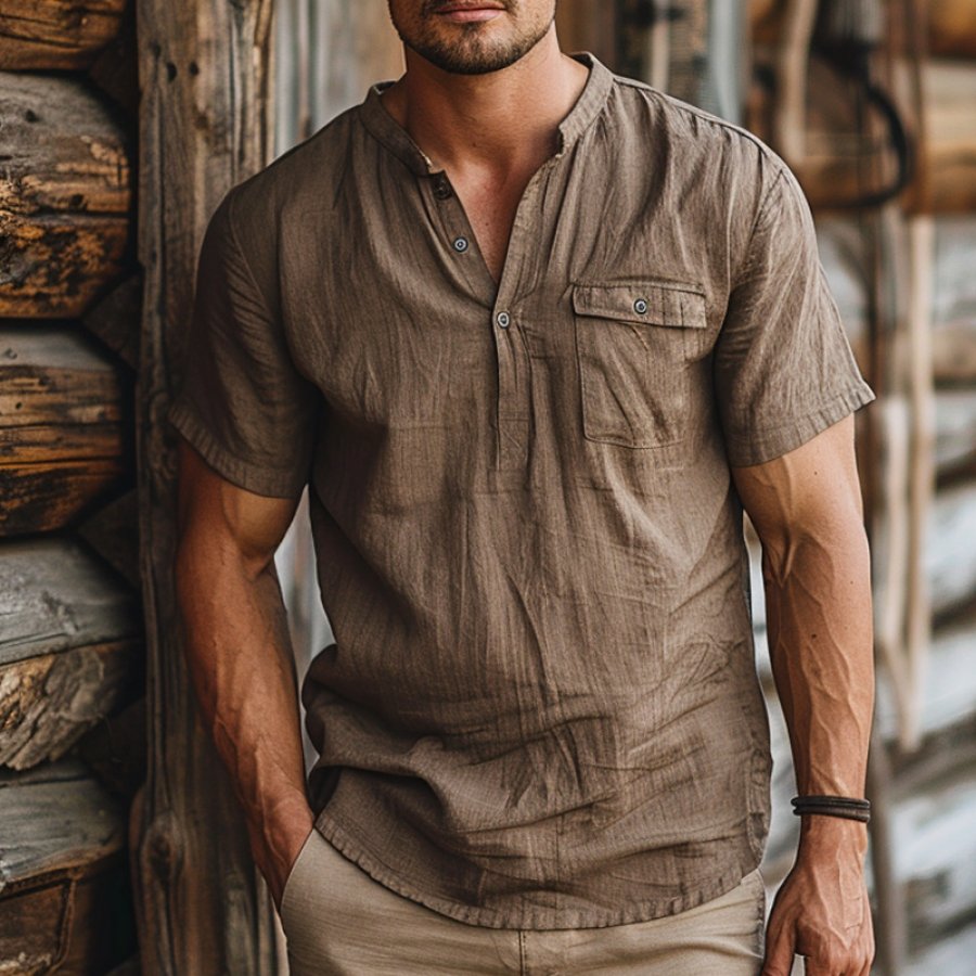 

Men's Vintage Pocket Linen Yellowstone Farms Short Sleeve Henley Neck T-Shirt