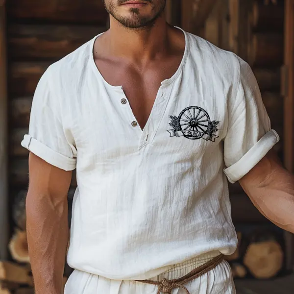 Men's Vintage Linen Farms Short Sleeve Henley Neck Tops T-Shirt - Wayrates.com 