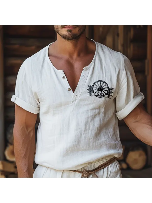 Men's Vintage Linen Farms Short Sleeve Henley Neck Tops T-Shirt - Ininrubyclub.com 