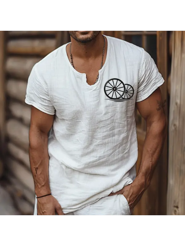 Men's Vintage Linen Farms Short Sleeve U Neck Tops T-Shirt - Fithuge.com 