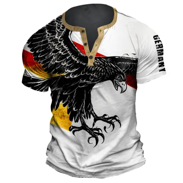 Men's Vintage German Flag Eagle Print Short Sleeve Color Block Henley T-Shirt - Cotosen.com 