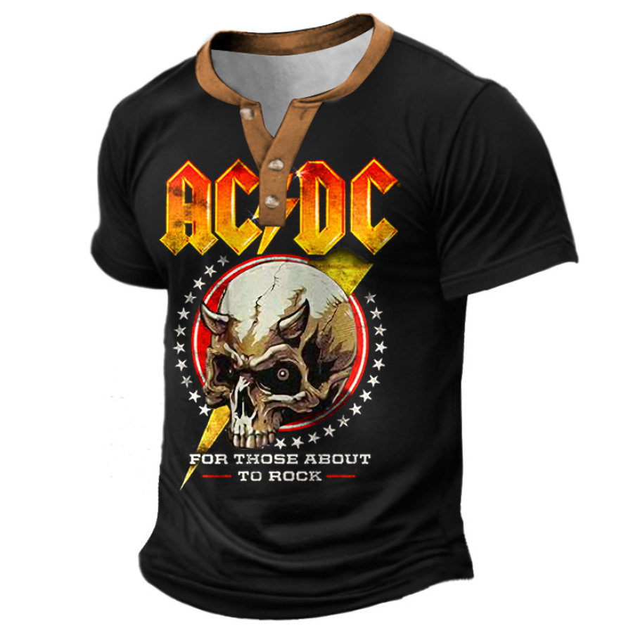 

Men's Vintage ACDC Rock Band Skull Print Short Sleeve Color Block Henley T-Shirt