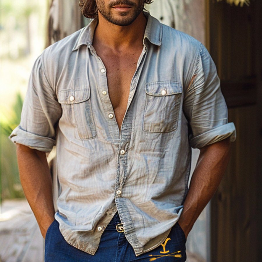 

Men's Vintage Pocket Linen Farms Short Sleeve Button T-Shirt
