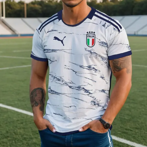 Men's Football 2024 Italia Loose Short Sleeve Color Block Crew Neck T-Shirt - Cotosen.com