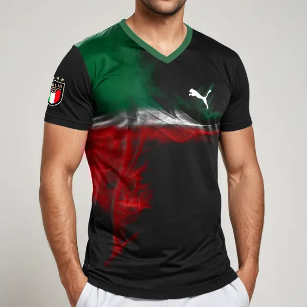 Football Race 2024 Italia Loose Short Sleeve Block V Neck T-Shirt - Wayrates.com 