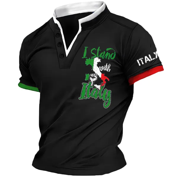 Italy National Flag Print Vintage Double Neckline Splicing Contrasting Colors T-shirt - Wayrates.com 