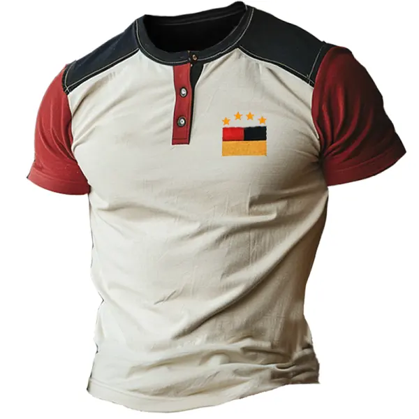 Camiseta Con Cuello Henley Y Bloques De Color Con Estampado De Bandera Alemana Para Hombre - Anurvogel.com 