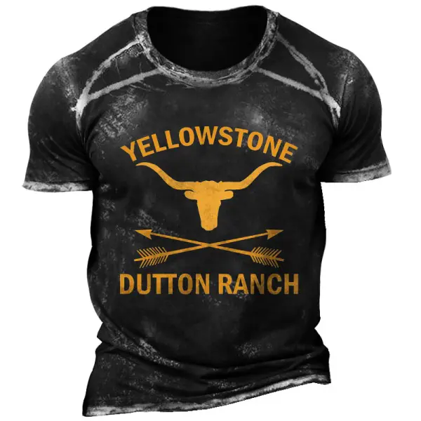 Men's Vintage Yellowstone Button Ranch Print Short Sleeve Round Neck T-Shirt - Cotosen.com 