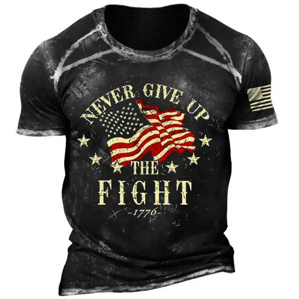 Men's Vintage Never Give Up The Fight 1776 American Independence Day Patriotic Print Short Sleeve Round Neck T-Shirt - Wayrates.com 