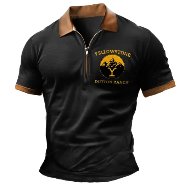 Men's Vintage Yellowstone Print Color Block Short Sleeve Zipper Polo T-Shirt - Cotosen.com