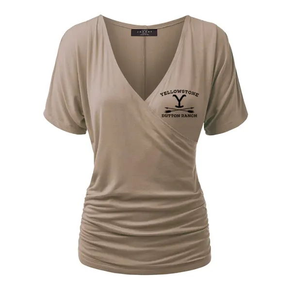 Women's Yellowstone Print V Neck Short Sleeve Wrap Front Drape Dolman Tunic Short Sleeve Top Only $22.99 - Cotosen.com 