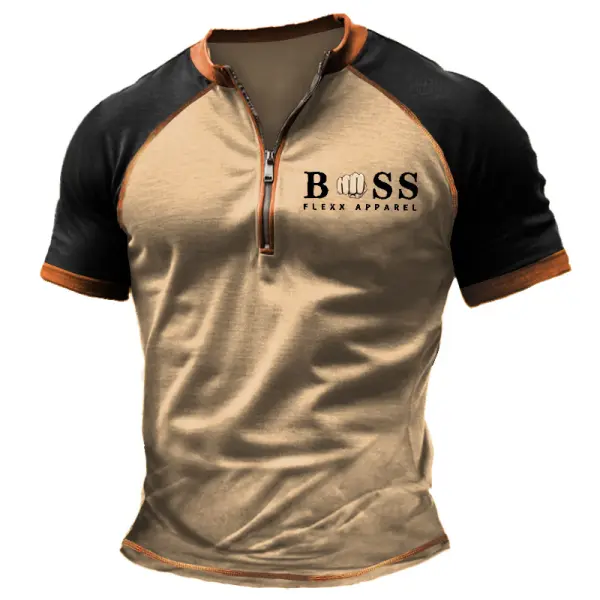 Men's Vintage Color Block Zipper Henley Collar Short Sleeve T-Shirt - Cotosen.com